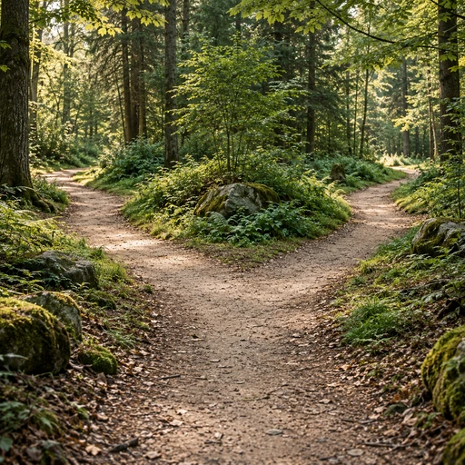 Weggabelung in einem grün bewachsenen Wald im warmen Morgenlicht