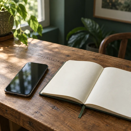 Smartphone und offenes Notizbuch auf einem Tisch im warmen Tageslicht